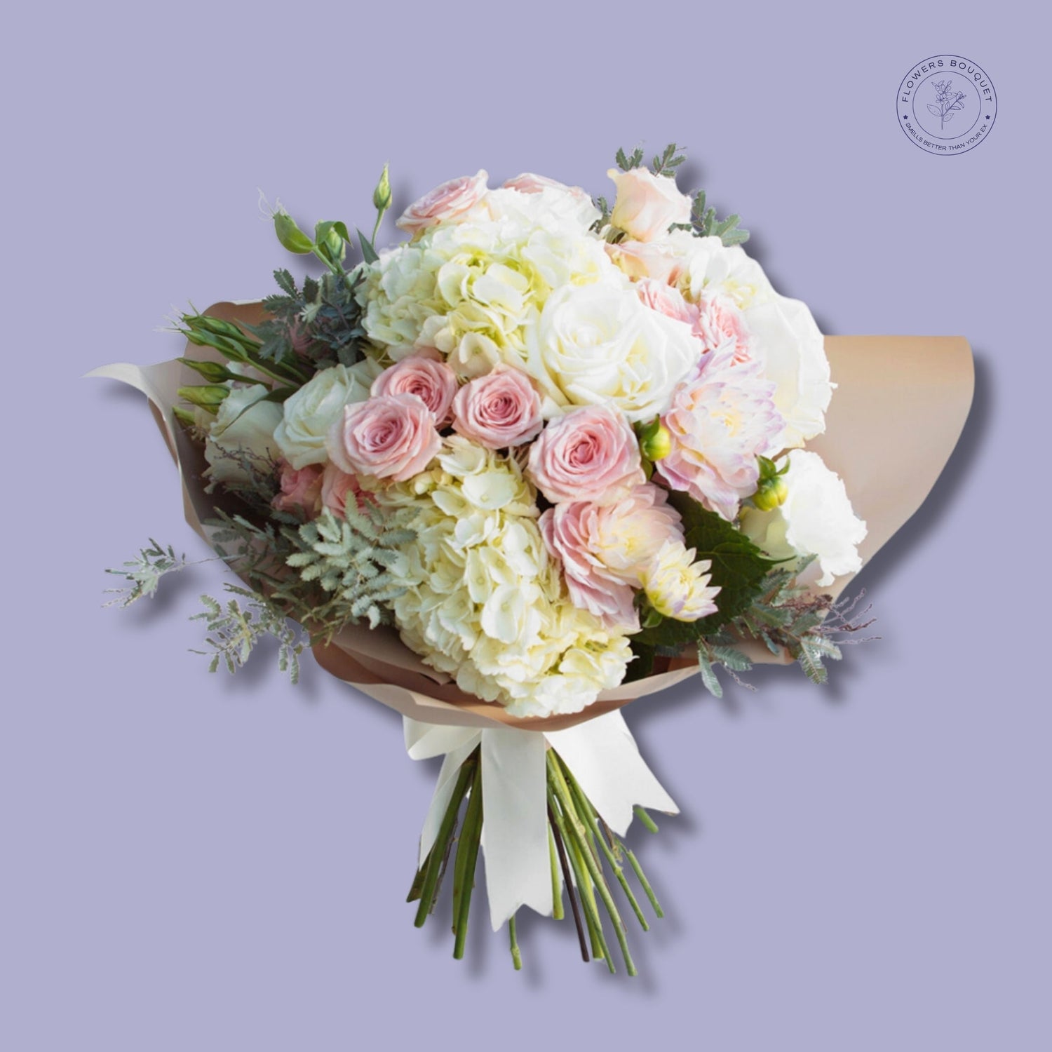 fresh flower bouquet with white and pink flowers  beautifully wrapped