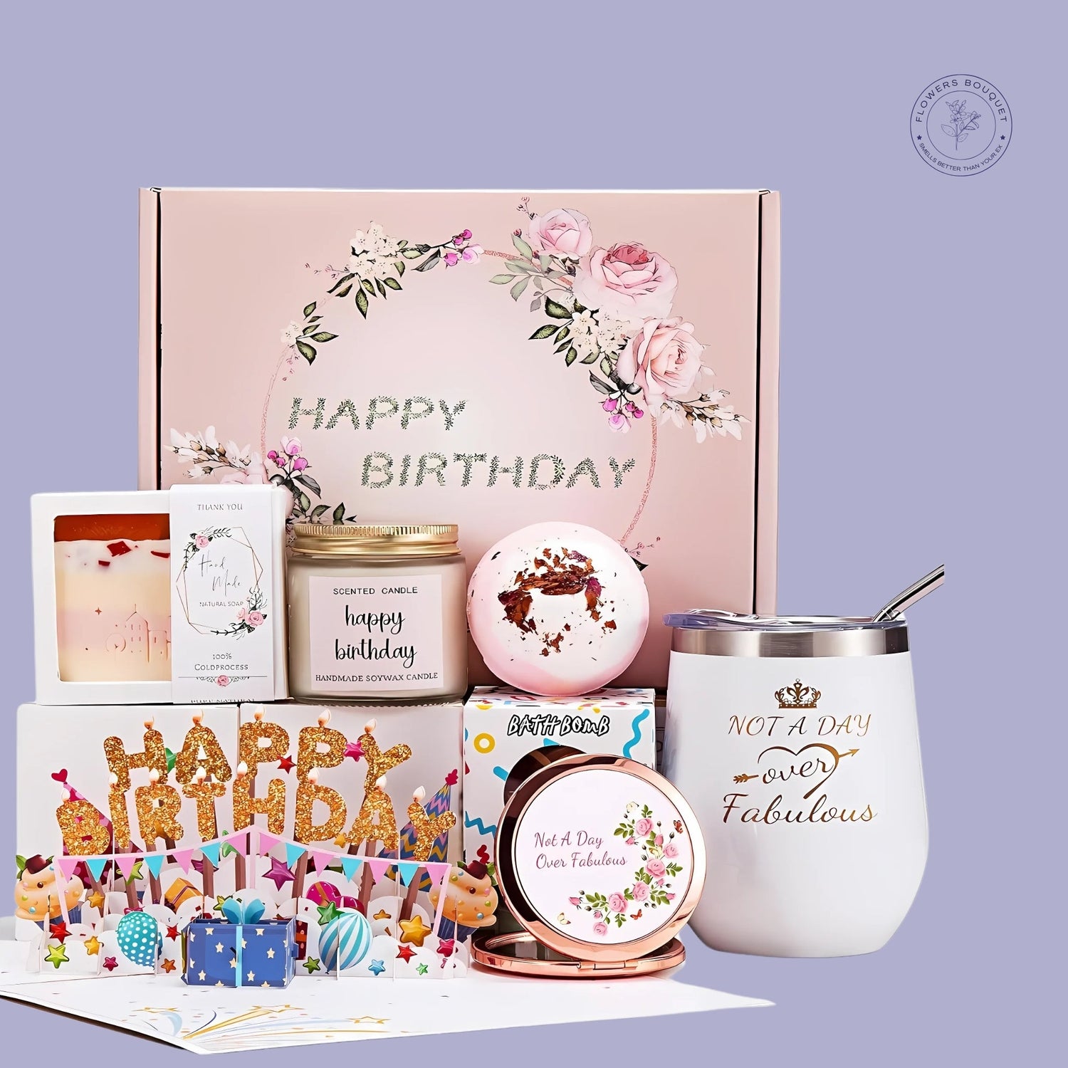 gift hamper , with multiple gifts like candles 