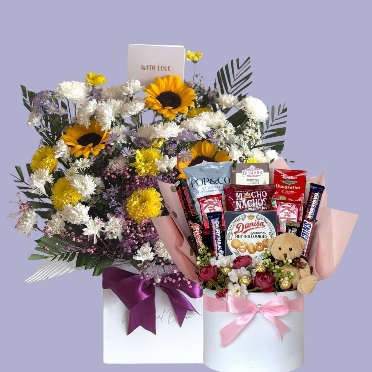 Luxury Flower Boxes & Gift Baskets with chocolates and white and sunflowers