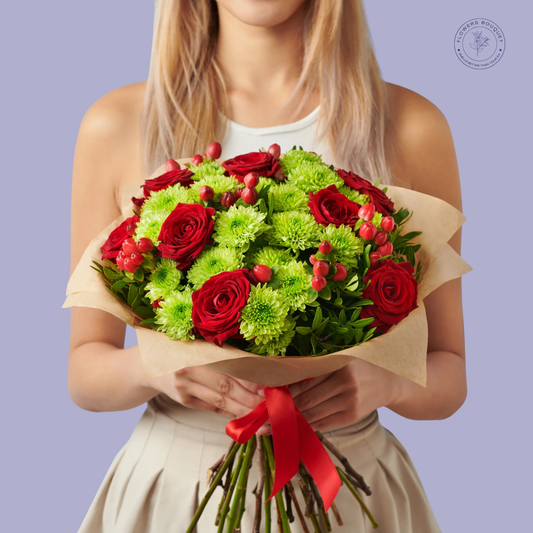 A beautifully arranged bouquet featuring red roses, green chrysanthemums, hypericum berries, and ruscus greenery, wrapped in premium kraft paper and tied with a red ribbon.