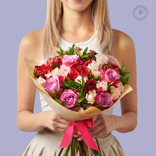 A vibrant bouquet of red roses, pink spray roses, purple lisianthus, and alstroemeria with lush greenery, wrapped in kraft paper and tied with a pink ribbon.